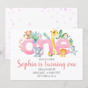 Safari Animals Jungle Pink Girl 1st First Birthday Invitation