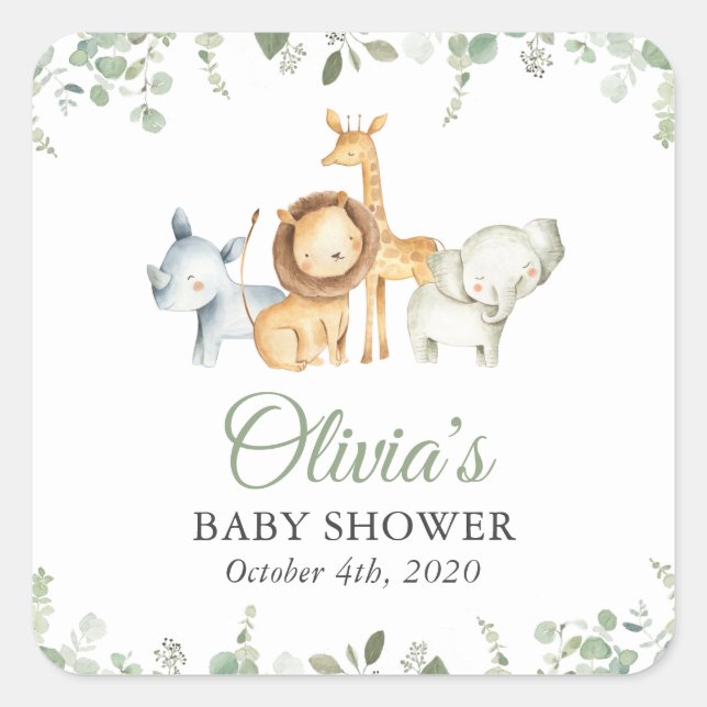 Safari Animals, Jungle, Wild Animals, Baby Shower Square Sticker (Front)