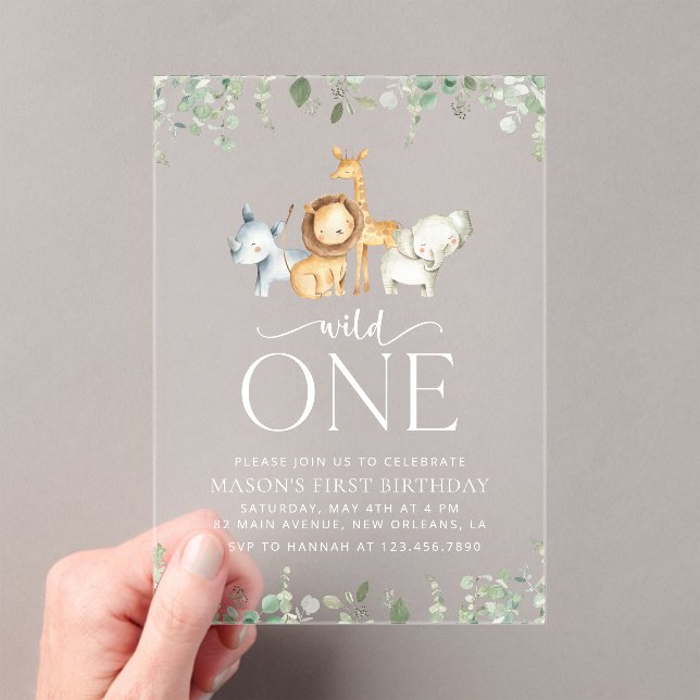 Safari Animals, Jungle, Wild One, First Birthday Acrylic Invitations (Insitu (Handheld))