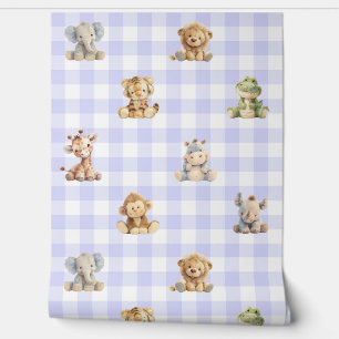 Safari Animals Lavender Plaid Baby Girl Nursery Wallpaper