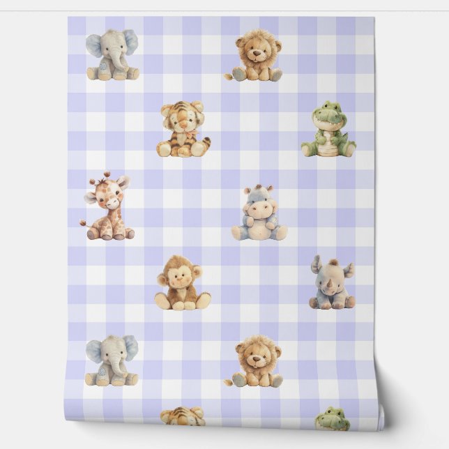 Safari Animals Lavender Plaid Baby Girl Nursery Wallpaper (Unrolling)