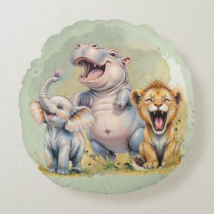 Safari Animals Lion Hippo Elephant Round Cushion