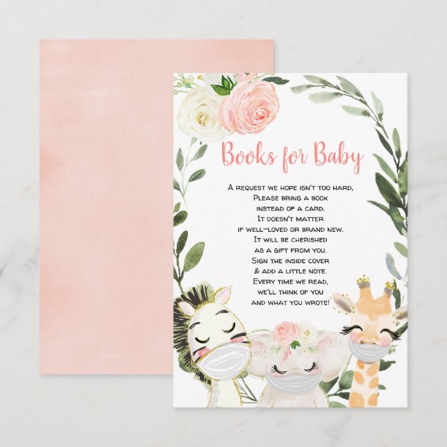 Safari animals masks book request girl baby shower enclosure card (Front/Back)