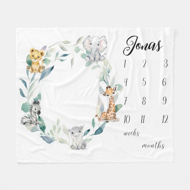 Safari Animals Milestone Blanket for Boys, Waterco (Front (Horizontal))