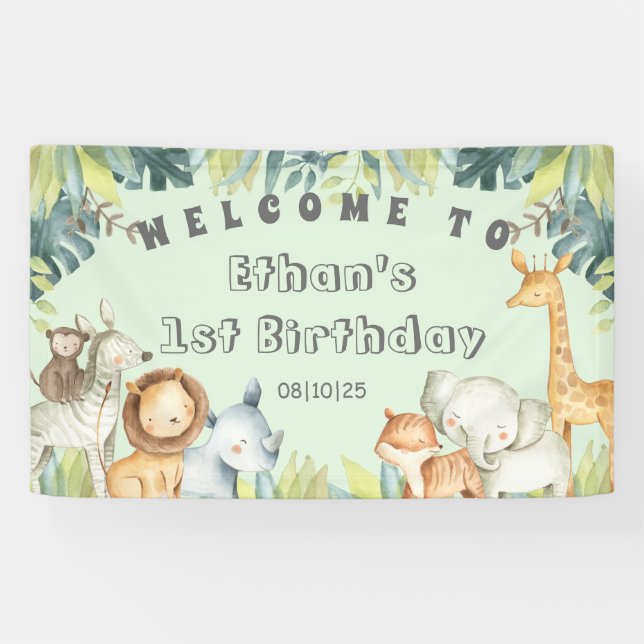 Safari animals mint jungle 1st birthday  banner (Horizontal)