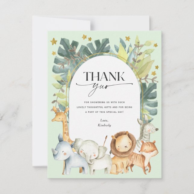 Safari animals mint modern baby shower thank you card (Front)
