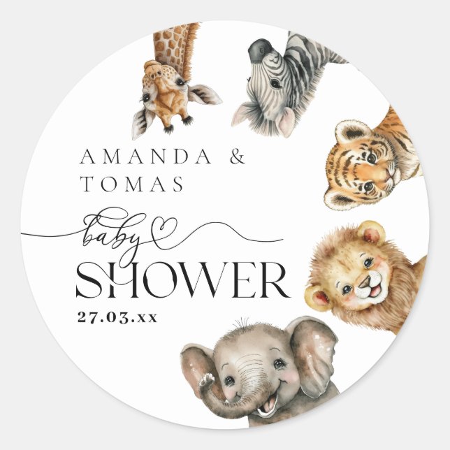 Safari Animals Modern Baby Shower Classic Round Sticker (Front)