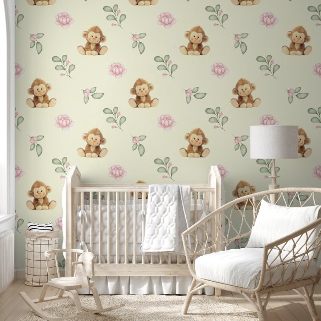 Safari Animals Monkey Pink Floral Baby Girl  Wallpaper (Kids)