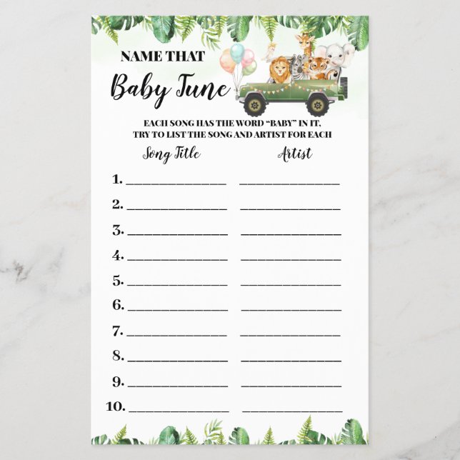 Safari Animals Name Baby Tune Shower Game card (Front)