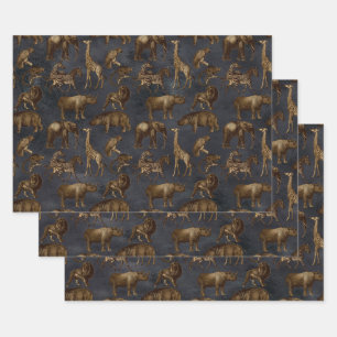 Safari Animals on Dark Blue Wrapping Paper Sheet