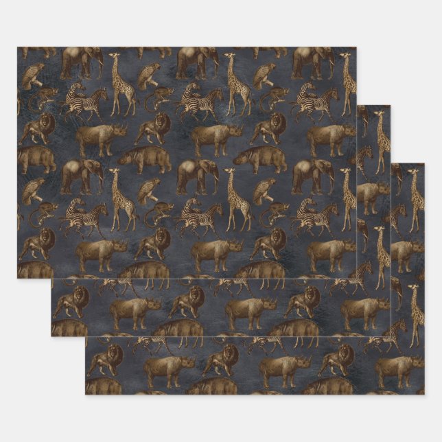Safari Animals on Dark Blue Wrapping Paper Sheet (Set)