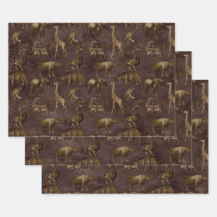 Safari Animals on Dark Brown Wrapping Paper Sheet