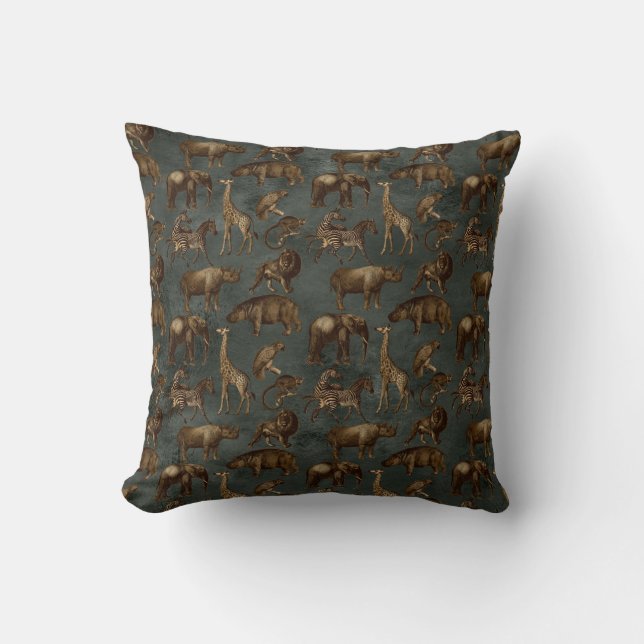Safari Animals on Dark Green Cushion (Front)