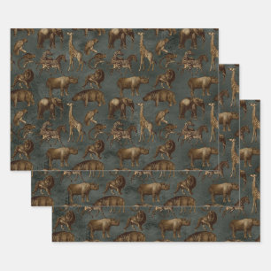 Safari Animals on Dark Green Wrapping Paper Sheet