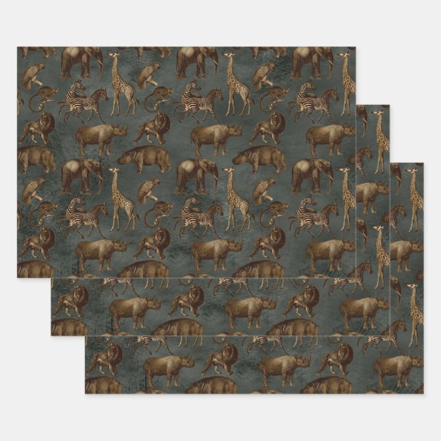 Safari Animals on Dark Green Wrapping Paper Sheet (Set)