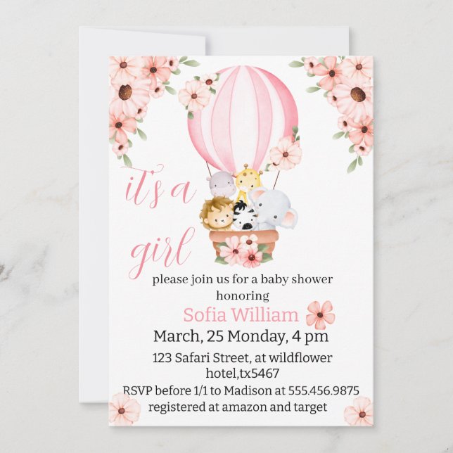 safari animals on hot air balloon baby girl shower invitation (Front)