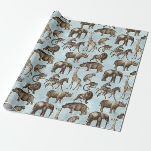 Safari Animals on Light Blue Wrapping Paper