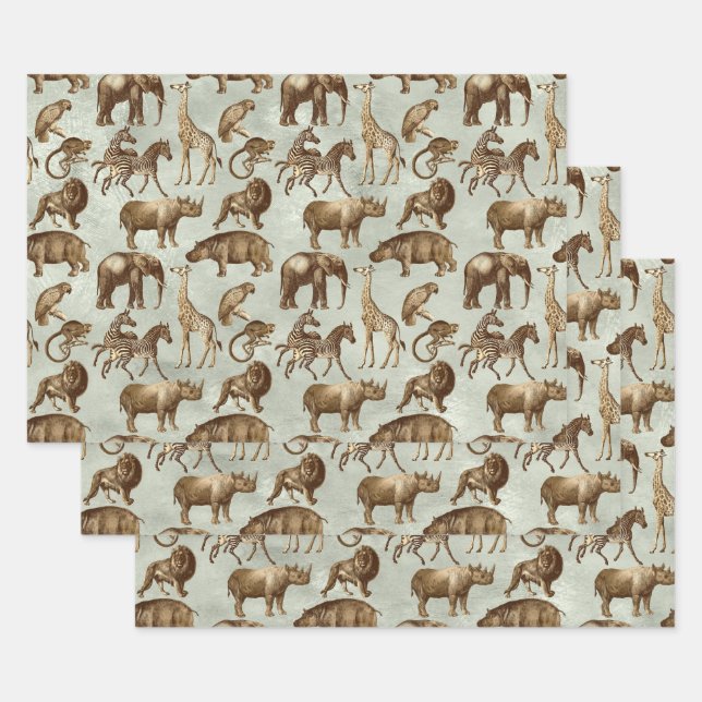 Safari Animals on Light Green Wrapping Paper Sheet (Set)
