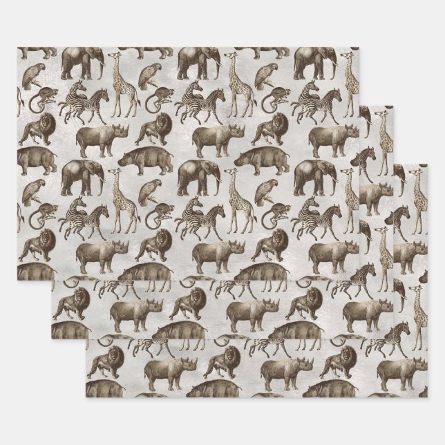 Safari Animals on Light Grey Wrapping Paper Sheet (Set)