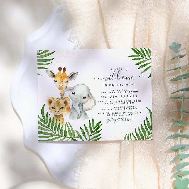 Safari Animals & Palm Leaves Wild One Baby Shower Invitation Postcard (Creator Uploaded)