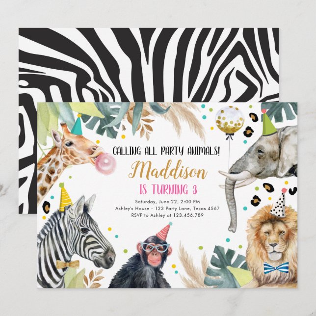 Safari Animals Party Girl Gold Pink Birthday Invitation (Front/Back)
