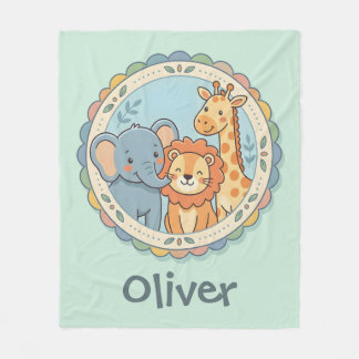 Safari Animals Pastel Elephant Lion Giraffe Fleece Blanket