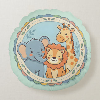 Safari Animals Pastel Elephant Lion Giraffe Round Cushion