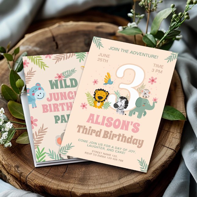 Safari Animals Pastel Third Birthday Invitation (Creator Uploaded)