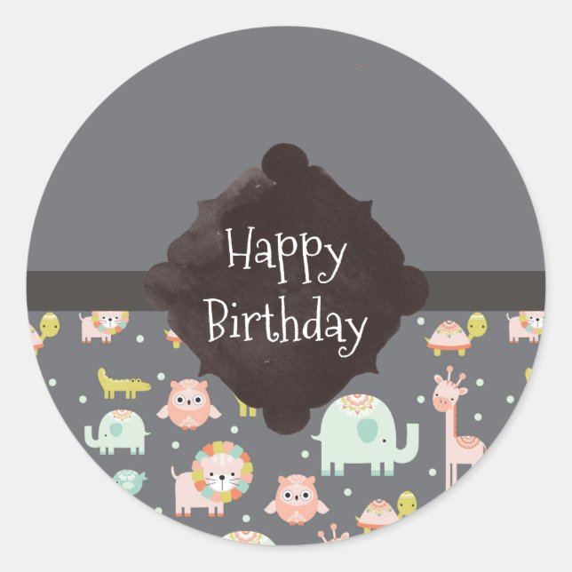 Safari Animals Pattern Nursery Art Happy Birthday Classic Round Sticker (Front)