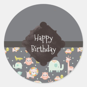 Safari Animals Pattern Nursery Art Happy Birthday Classic Round Sticker