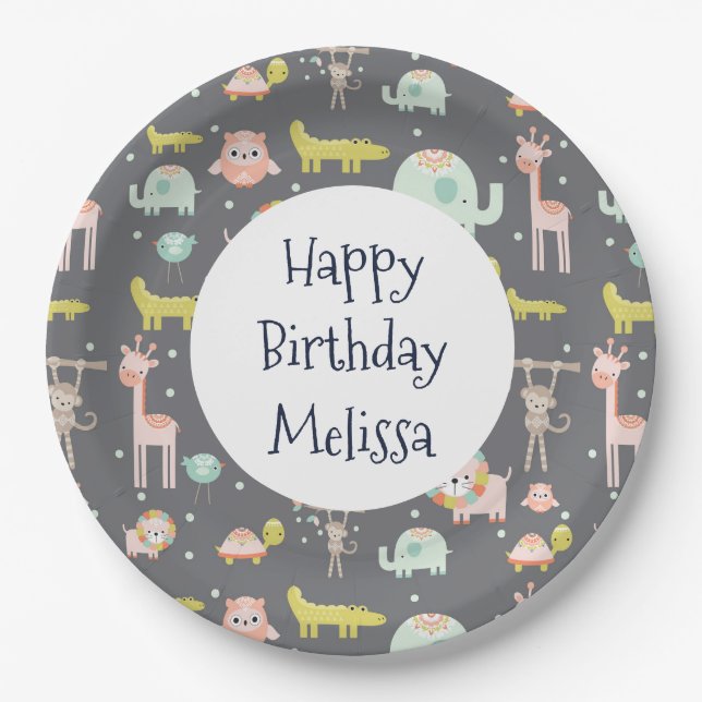 Safari Animals Pattern Nursery Art Happy Birthday Paper Plate (Front)