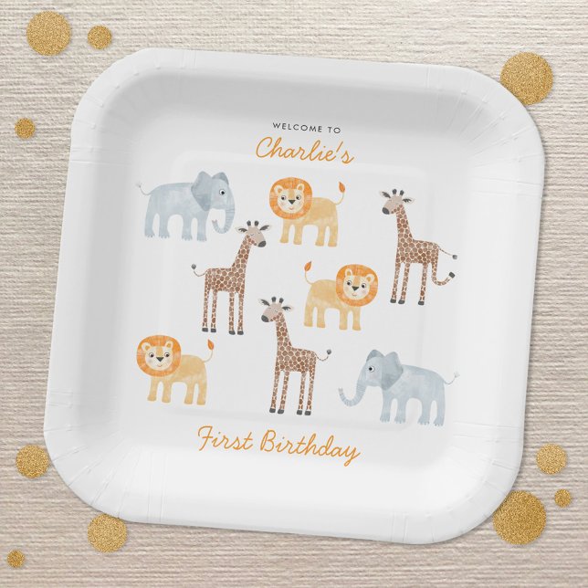 Safari Animals Personalised 1st Birthday Party Paper Plate (Fun safari themed baby animal personalized first birthday party paper plates)
