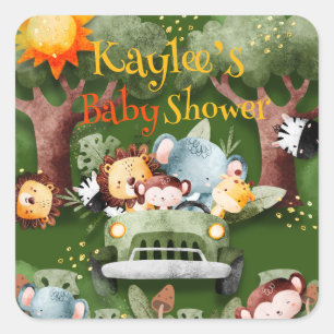 Safari Animals Personalised Baby Shower Square Sticker