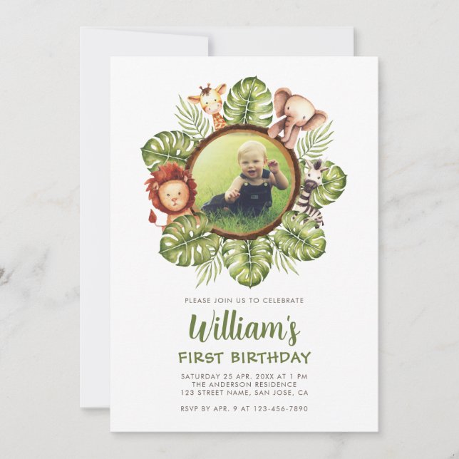 Safari Animals Photo Jungle Greenery 1st Birthday Invitation (Front)