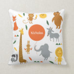 Safari Animals Pillow<br><div class="desc">This cute and modern pillow is ideal to decorate a baby's room with a Safari or a Zoo theme. It features cute safari animal characters on a white background. The elephant is holding a balloon with the baby's name. This unisex design is chic and attractive with a clean look. Solid...</div>