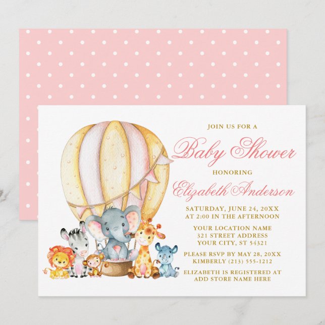 Safari Animals Pink Balloon Dots Baby Shower Invitation (Front/Back)