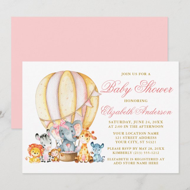 Safari Animals Pink Bow Air Balloon Baby Shower Invitation (Front/Back)