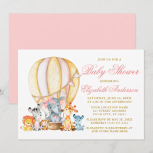 Safari Animals Pink Bow Air Balloon Baby Shower Invitation