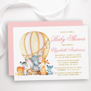 Safari Animals Pink Hot Air Balloon Baby Shower Invitation