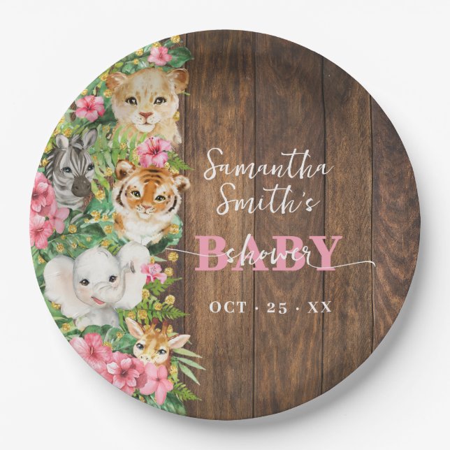 Safari Animals Pink Rustic Baby Shower  Paper Plate (Front)
