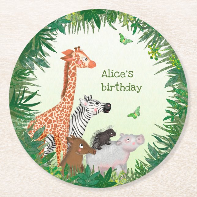 Safari animals round birthday party paper coaster (Front)