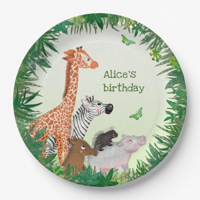 Safari animals round birthday party paper plate (Front)
