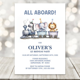 Safari Animals Steam Train 1st Birthday Party Invitation