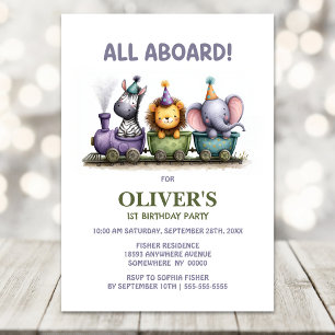 Safari Animals Steam Train 1st Birthday Party Invitation