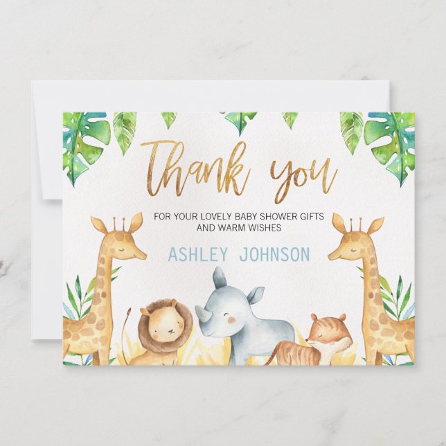 Safari Animals Thank You Baby Shower Card (Front)