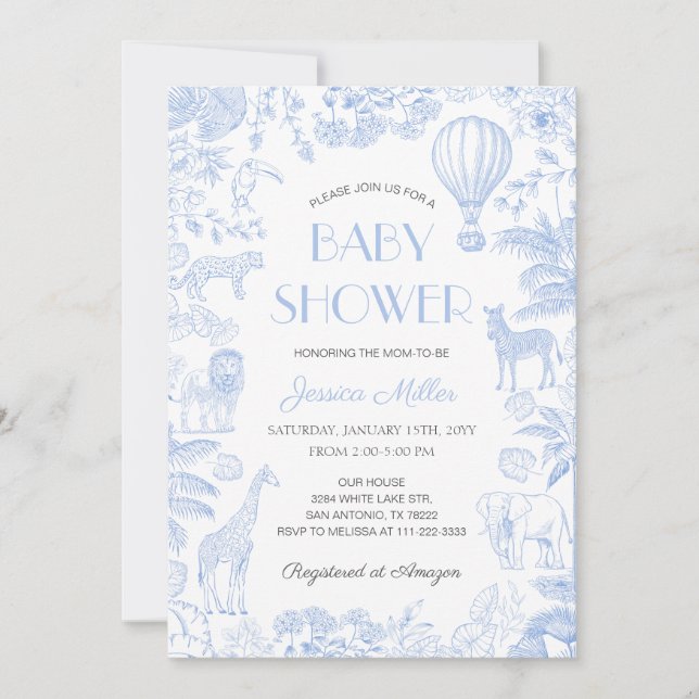 Safari Animals Toile De Jouy Boy Baby Shower Invitation (Front)