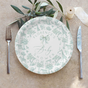Safari animals Toile Green Baby shower  Paper Plate