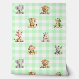 Safari Animals Toys Green Plaid Baby Nursery  Wallpaper