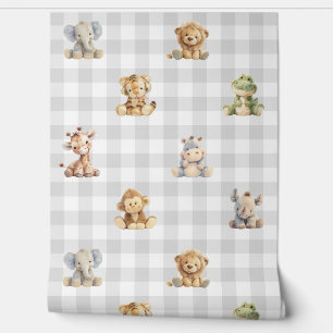Safari Animals Toys Grey Plaid Baby Boy Nursery Wallpaper