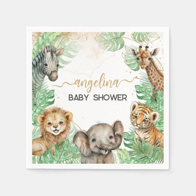 Safari animals Tropical greenery Baby Shower Napkin (Front)